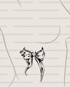 Dark bow tattoo stencil displayed on womens ribs placement preview, gothic coquette bow design with printable files.