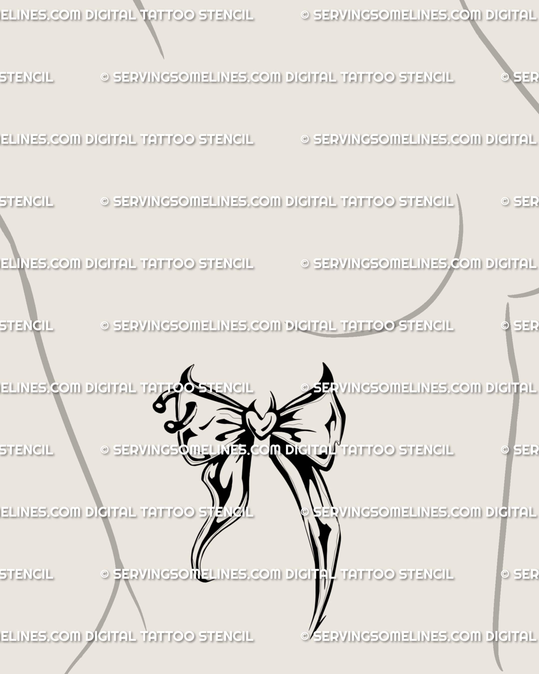 Dark bow tattoo stencil displayed on womens ribs placement preview, gothic coquette bow design with printable files.