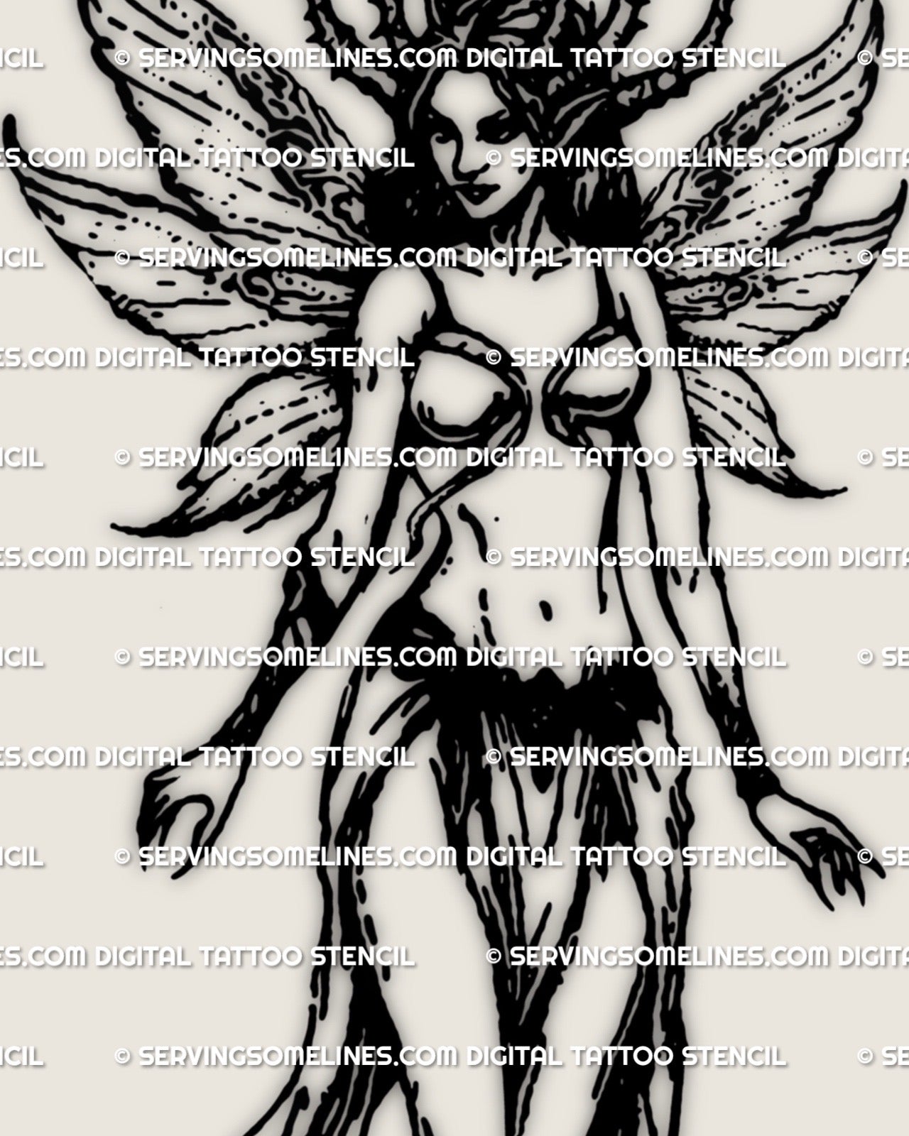 Dark butterfly fairy tattoo stencil with gothic wings and dark feminine fantasy details, shown as a clean digital design.