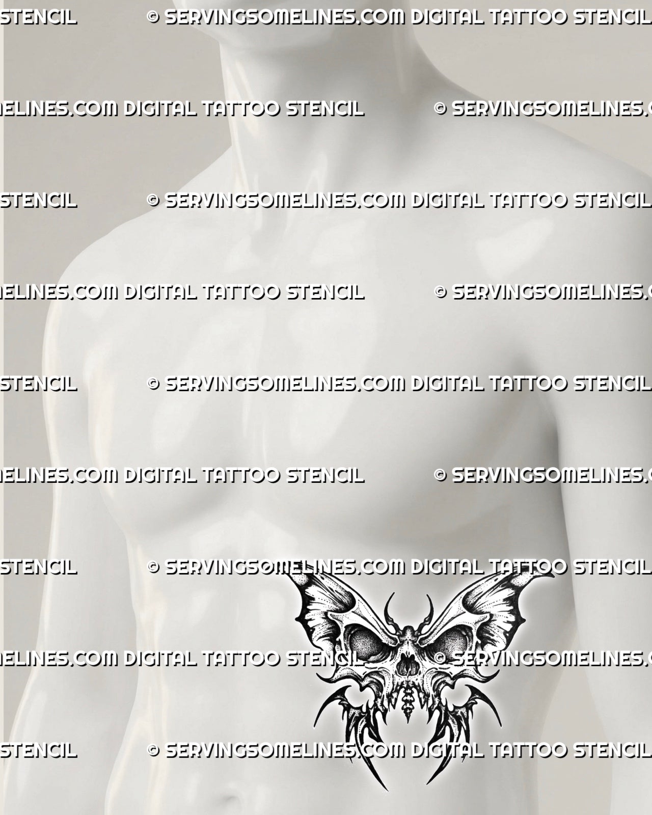Dark butterfly stencil with skull body shown on mens side stomach placement example, printable tattoo design files.