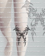 Dark butterfly tattoo stencil shown on under knee placement example, cyber sigil butterfly design with digital download files.