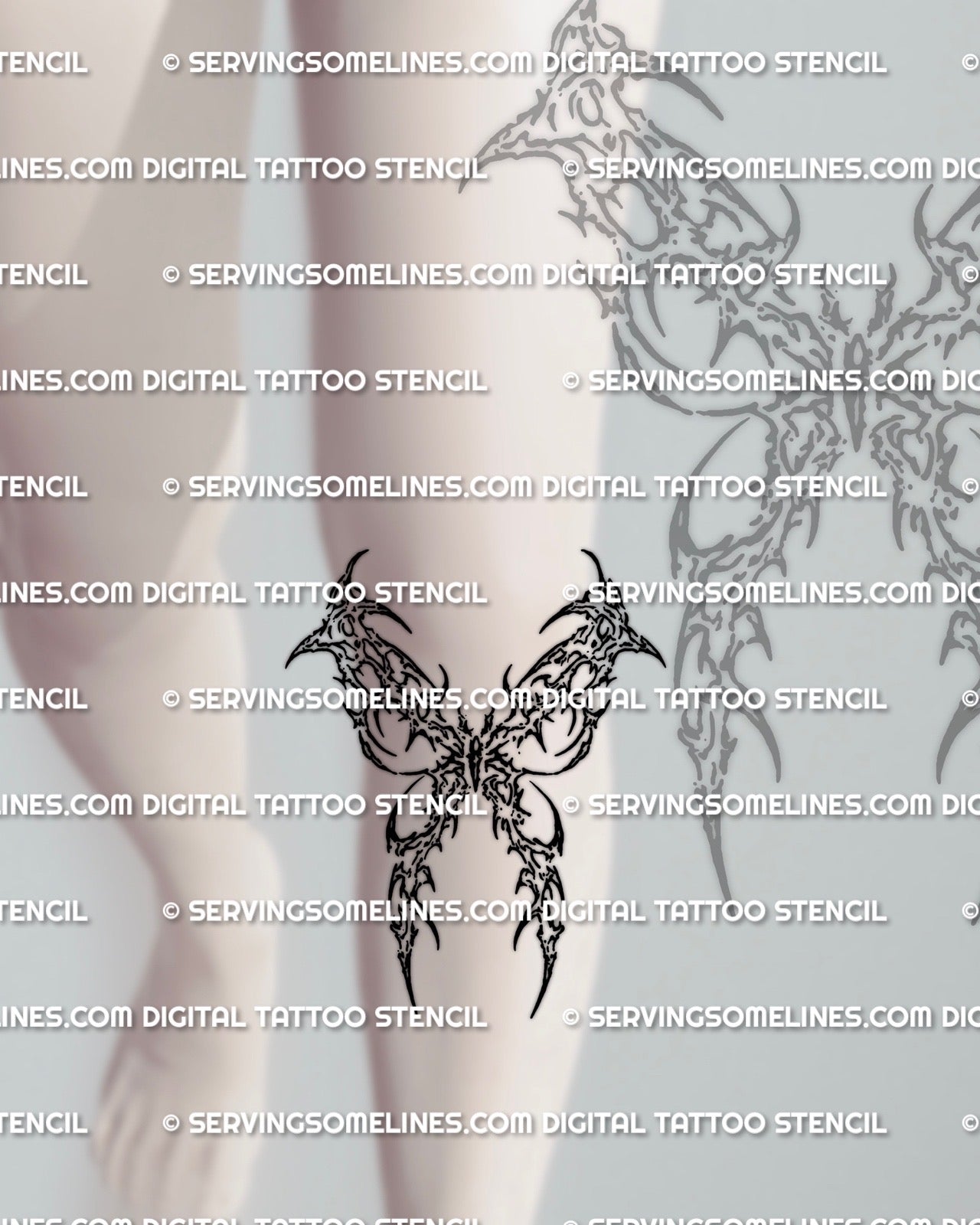 Dark butterfly tattoo stencil shown on under knee placement example, cyber sigil butterfly design with digital download files.