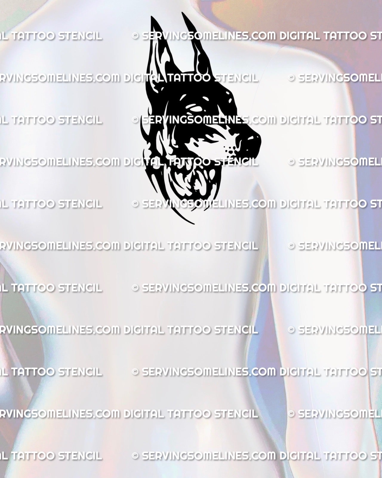 Dark canine outline tattoo shown on the back shoulder. Clean line style with strong gothic mood following the curved upper back placement smoothly.