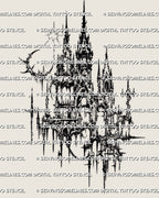 Dark castle tattoo stencil with gothic architecture details, distressed black lines, and cybersigilism inspired spire shapes