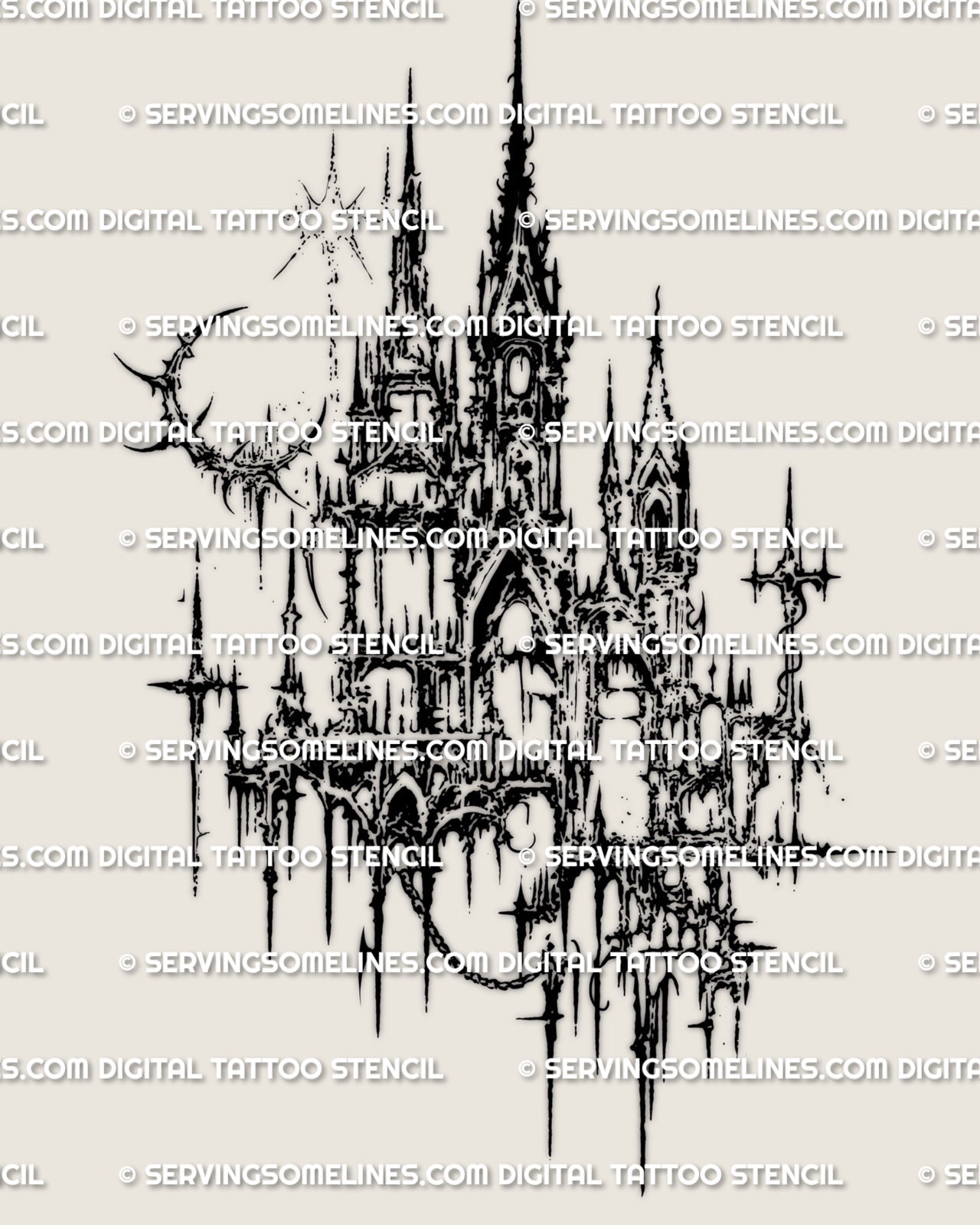 Dark castle tattoo stencil with gothic architecture details, distressed black lines, and cybersigilism inspired spire shapes