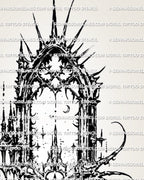 Close preview of dark cathedral arch tattoo with blackwork spikes, thorned edges, and narrow gothic frame.