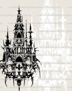 Dark cathedral tattoo design stencil with cross detail, armored arches and spiky ornament accents, bold high-contrast linework.