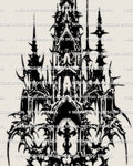 Dark cathedral cross tattoo stencil design with blackwork arches, spires, and cross-window center, neotribal edge.
