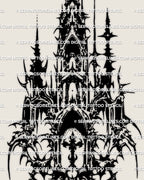 Dark cathedral cross tattoo stencil design with blackwork arches, spires, and cross-window center, neotribal edge.