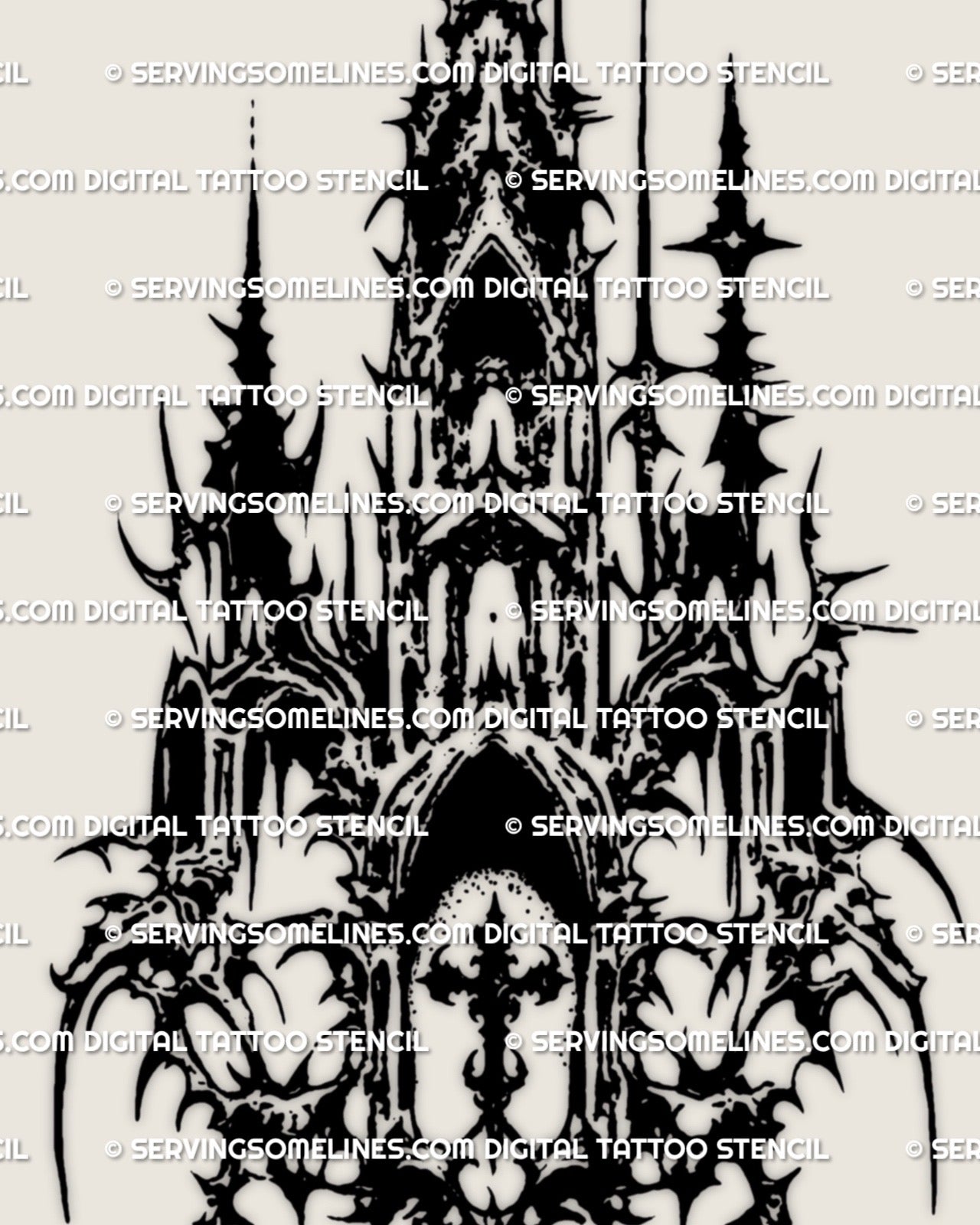 Dark cathedral cross tattoo stencil design with blackwork arches, spires, and cross-window center, neotribal edge.
