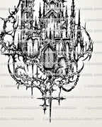 Close preview of dark cathedral tattoo stencil with thorned cyber-sigil frame, layered arch shapes, and gothic spires.
