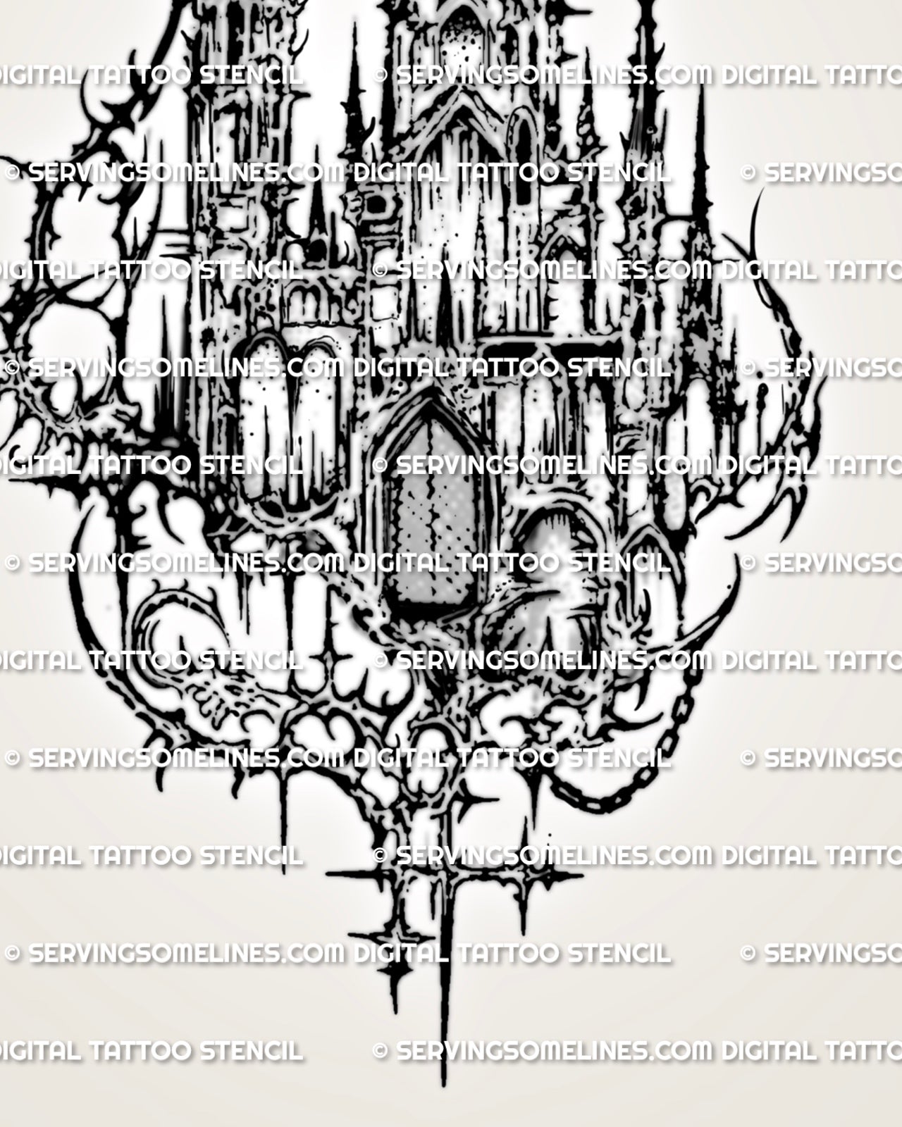 Close preview of dark cathedral tattoo stencil with thorned cyber-sigil frame, layered arch shapes, and gothic spires.