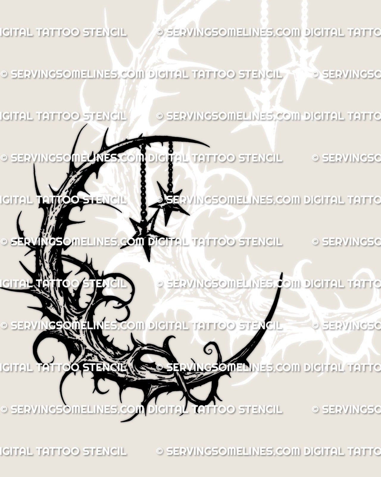 Dark celestial crescent moon tattoo stencil with hanging stars, bold blackwork design prepared as printable digital tattoo file.
