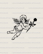 Gothic dark cherub tattoo stencil with barbed wire halo and black rose, small angel flash digital download for gothic tattoo collectors.