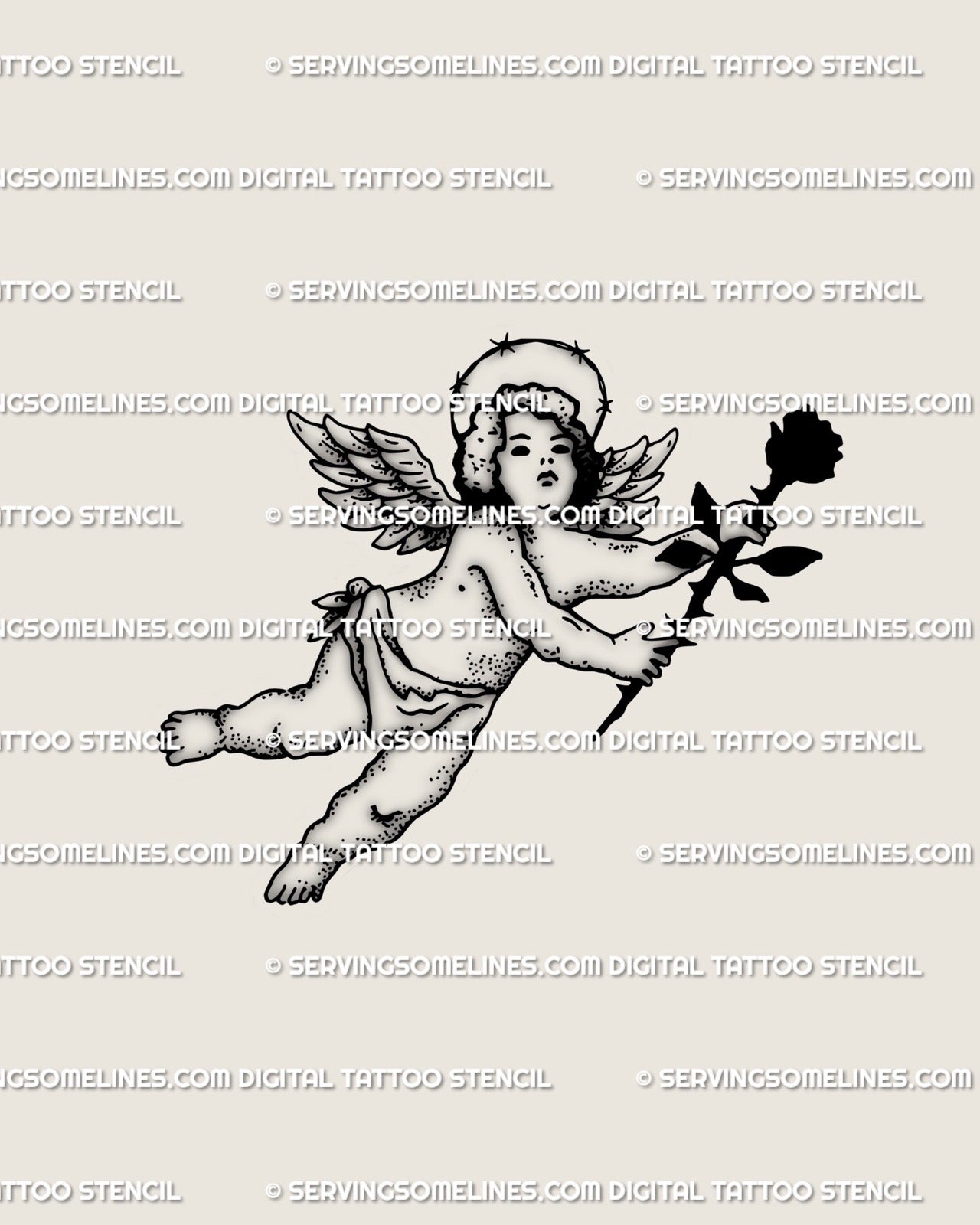 Gothic dark cherub tattoo stencil with barbed wire halo and black rose, small angel flash digital download for gothic tattoo collectors.