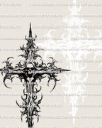 Dark cross skull tattoo stencil focused on strong silhouette balance and gothic thorned geometry for tattoo use
