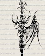 Close design view of a dark cyber dagger tattoo stencil with asymmetrical wing detail, spiked core, and sharp tapered point