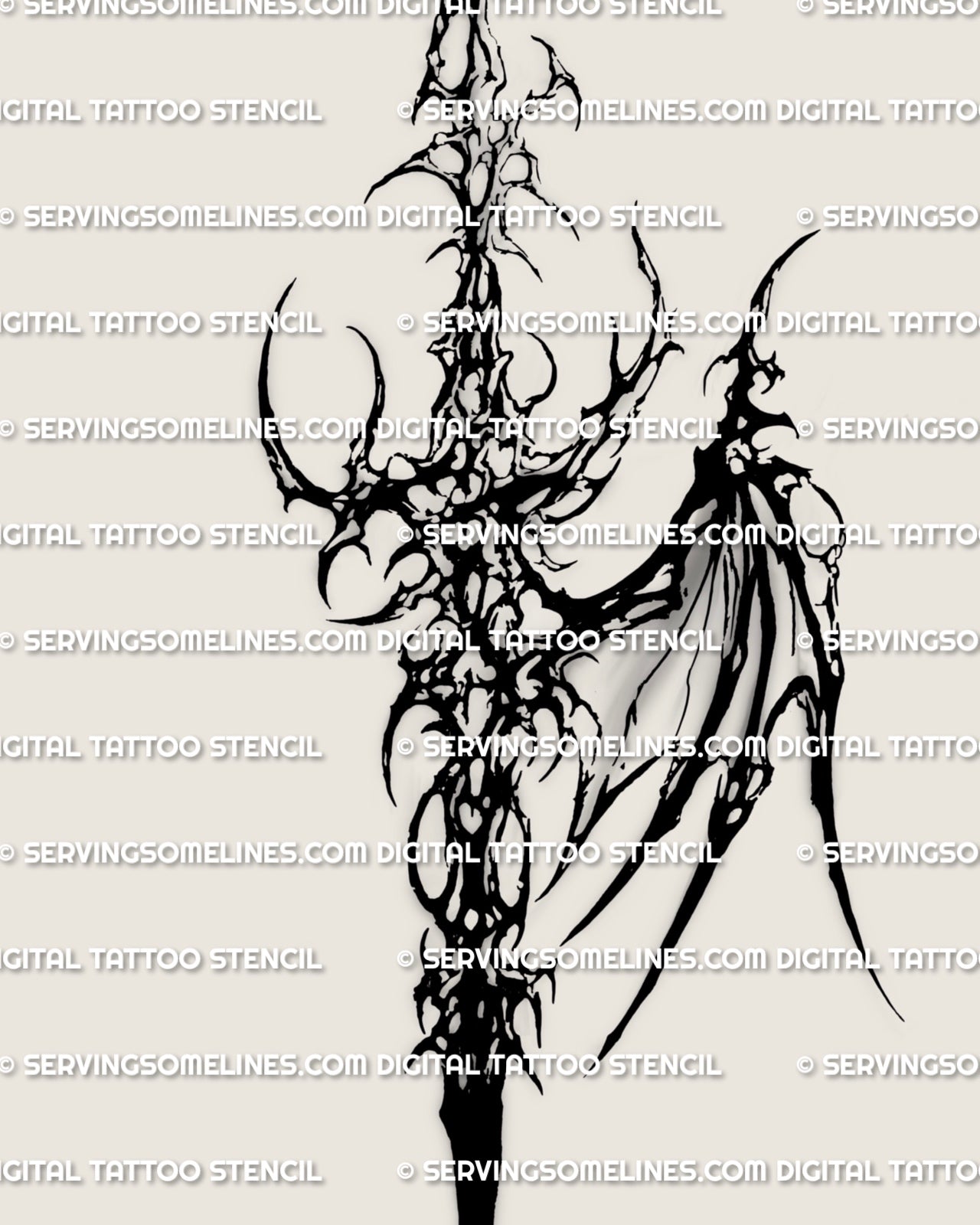 Close design view of a dark cyber dagger tattoo stencil with asymmetrical wing detail, spiked core, and sharp tapered point