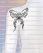 Dark cyber sigil bow tattoo stencil shown on back shoulder placement preview, clean digital stencil files.