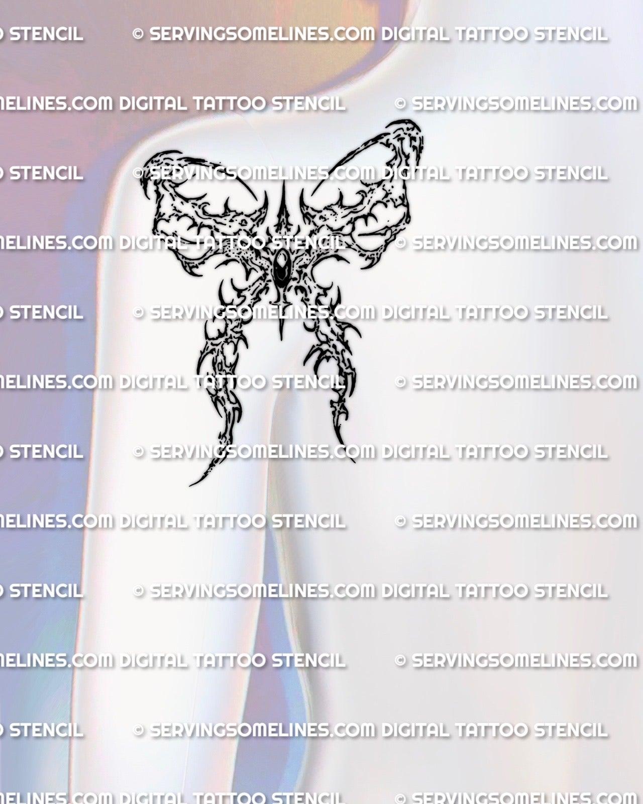 Dark cyber sigil bow tattoo stencil shown on back shoulder placement preview, clean digital stencil files.