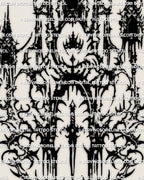 Close view of dark cyber sigil tattoo stencil with sharp blackwork points, arched cutouts, and occult ritual detail.