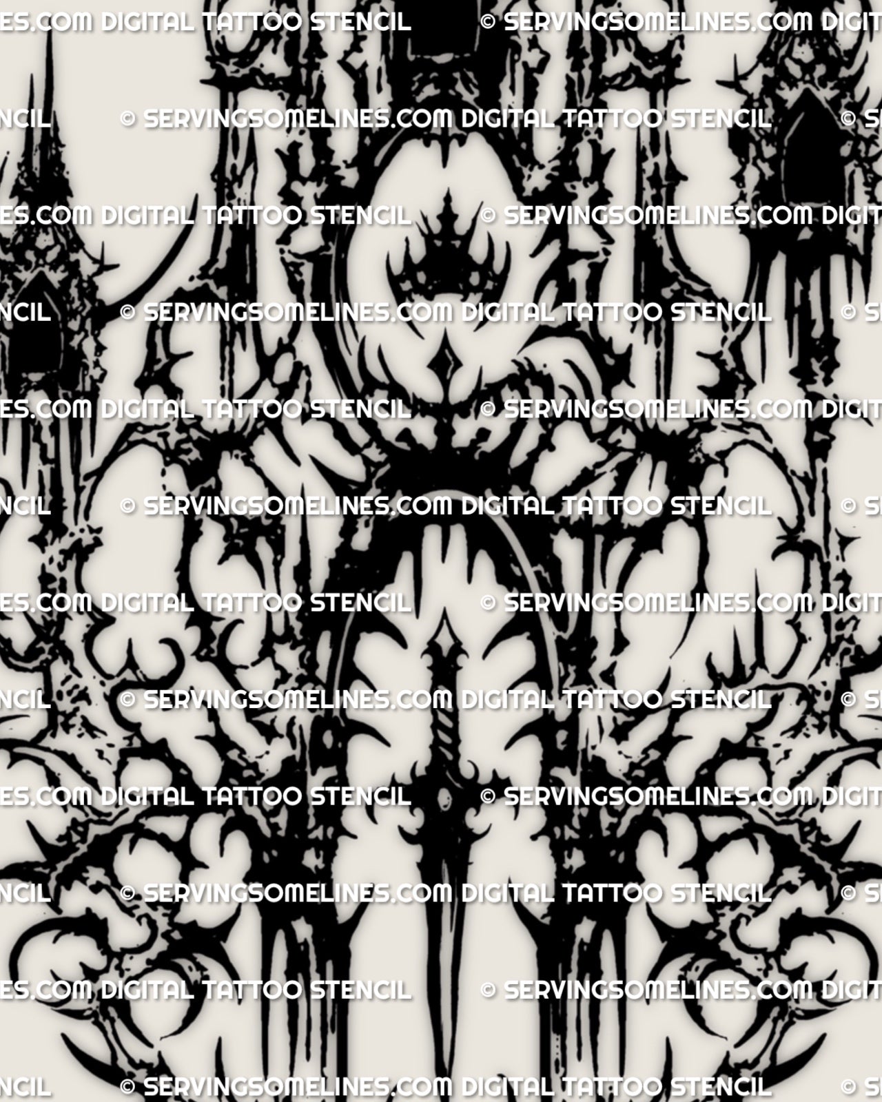 Close view of dark cyber sigil tattoo stencil with sharp blackwork points, arched cutouts, and occult ritual detail.