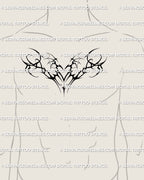 dark cybersigil blackwork womb heart tattoo stencil shown on mens central chest giving a bold symmetrical impact with strong demonic wing structure