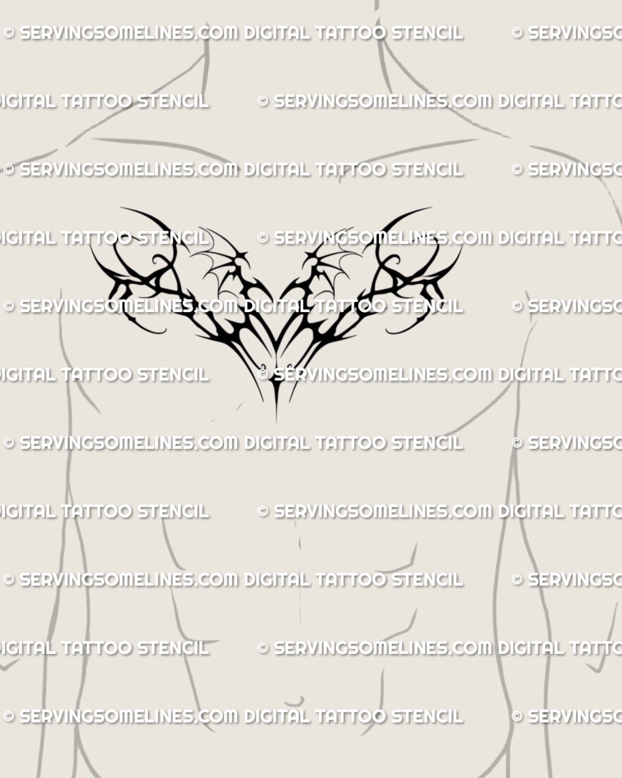 dark cybersigil blackwork womb heart tattoo stencil shown on mens central chest giving a bold symmetrical impact with strong demonic wing structure