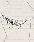 Dark cybersigilism tattoo stencil displayed on women’s side breast, thorn-inspired abstract rib design with flowing black line art, ready to print.