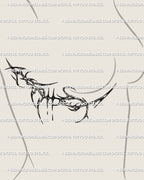 Dark cybersigilism tattoo stencil displayed on women’s side breast, thorn-inspired abstract rib design with flowing black line art, ready to print.