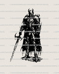 Dark cybersigilism tattoo design of an armored knight with sword and cloak, drawn in bold blackwork style.