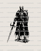 Dark cybersigilism tattoo design of an armored knight with sword and cloak, drawn in bold blackwork style.