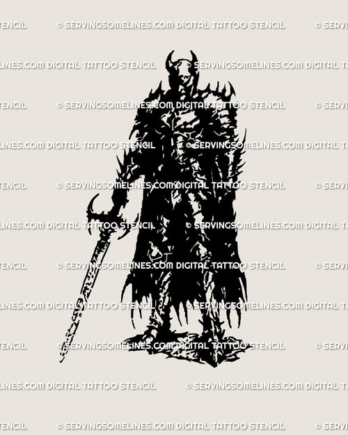 Dark cybersigilism tattoo design of an armored knight with sword and cloak, drawn in bold blackwork style.