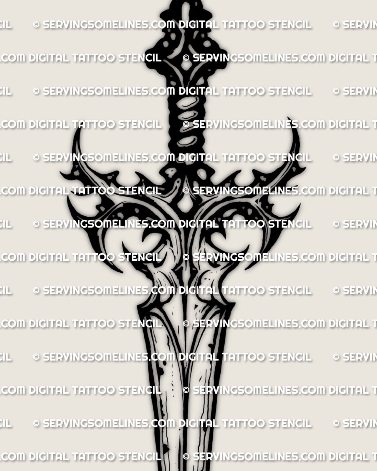 Dark dagger tattoo stencil, dagger-only artwork with dramatic guard curves and long blade, made for resizing before your tattoo. 