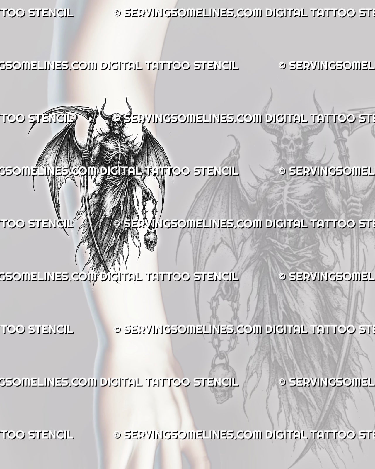 Dark demon tattoo stencil shown on forearm, with a winged skeletal figure, sharp scythe, and readable blackwork silhouette.