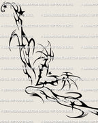 Dark devil heart lower back tattoo design shown as a full stencil layout, with spiked shaping and flame-like abstract detail.