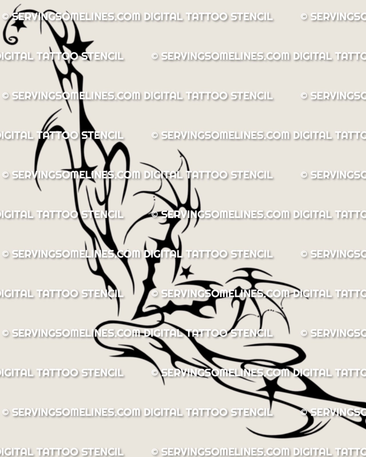 Dark devil heart lower back tattoo design shown as a full stencil layout, with spiked shaping and flame-like abstract detail.