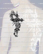 Dragon cross tattoo stencil shown on mens shoulder placement with a coiling dragon wrapped around a heavy dark cross design.