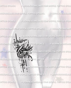 Dark eye tattoo stencil displayed on feminine hip placement example, digital crying eye download with PNG JPG PDF files.