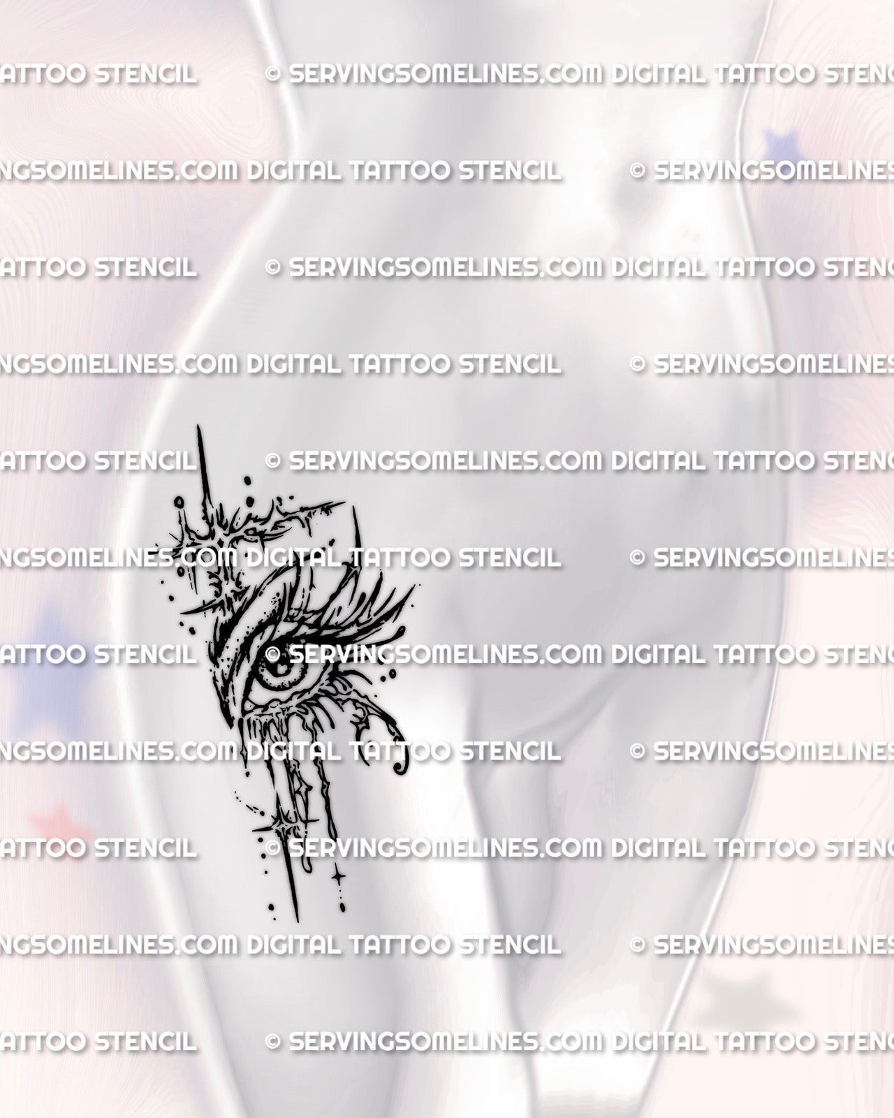 Dark eye tattoo stencil displayed on feminine hip placement example, digital crying eye download with PNG JPG PDF files.