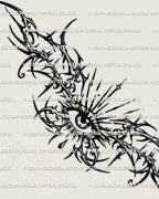 Main design view of a dark eye waist tattoo stencil, with a centered eye, sharp rays, and pointed gothic framing.