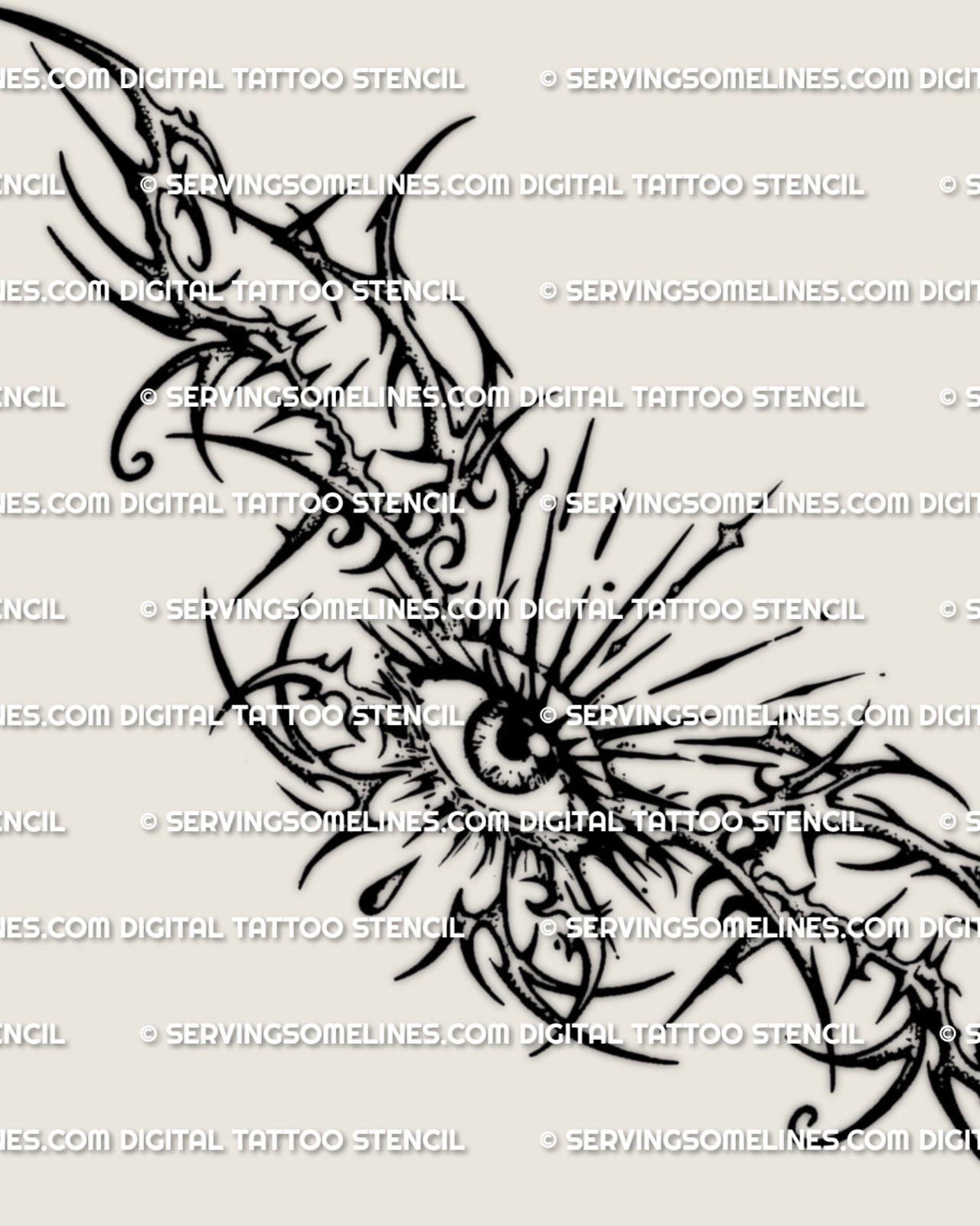 Main design view of a dark eye waist tattoo stencil, with a centered eye, sharp rays, and pointed gothic framing.