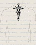 Small dark fairy cross tattoo stencil displayed on back of the neck placement example, thorn cross blackwork.