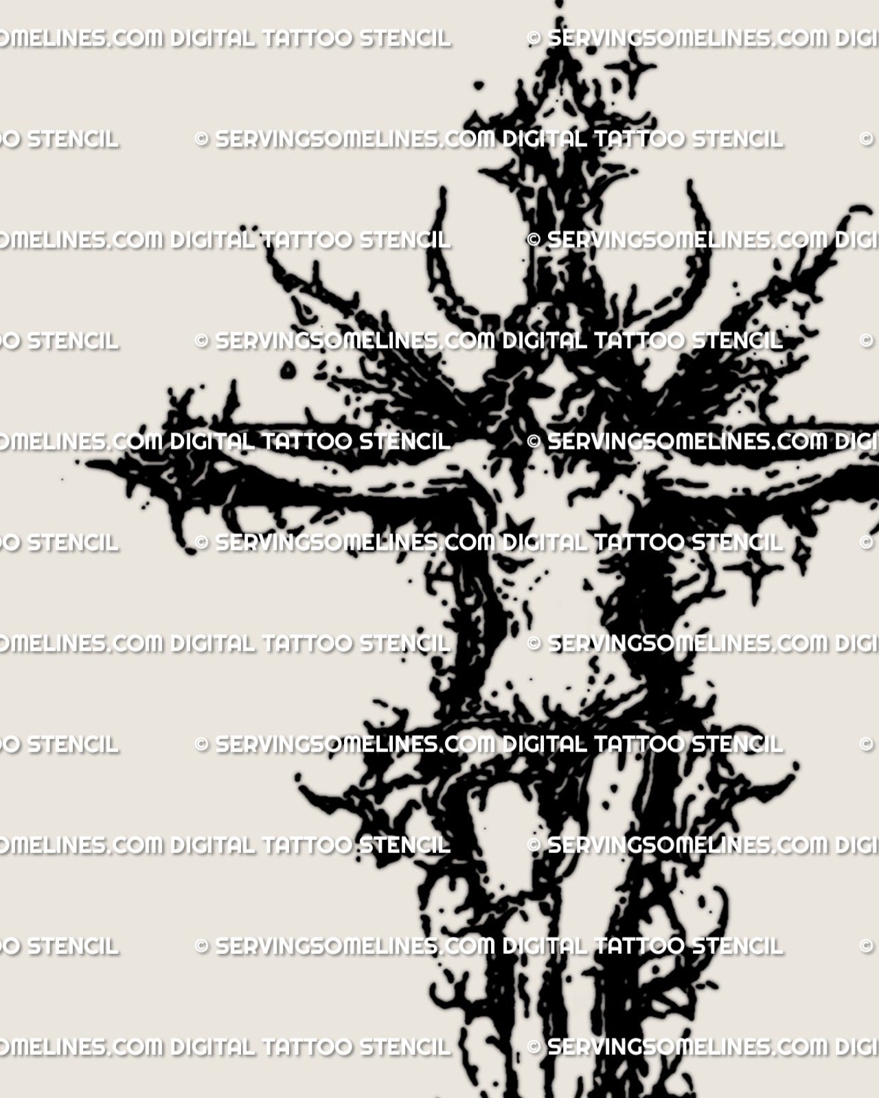 Close-up of dark fairy cross tattoo design, spiked thorns and guardian figure details, crisp transfer lines.