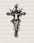 Dark fairy cross tattoo stencil with thorned cross and guardian figure, clean vertical silhouette for stencil transfer.