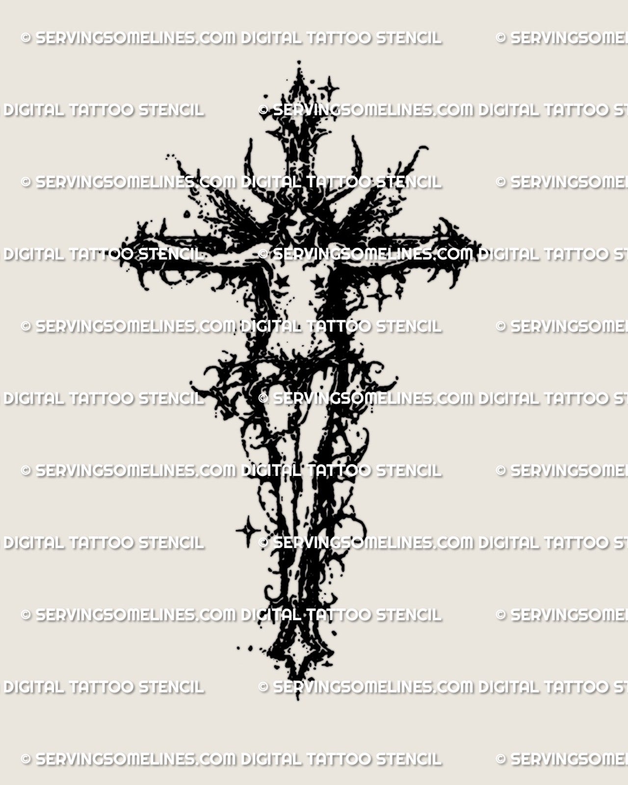Dark fairy cross tattoo stencil with thorned cross and guardian figure, clean vertical silhouette for stencil transfer.