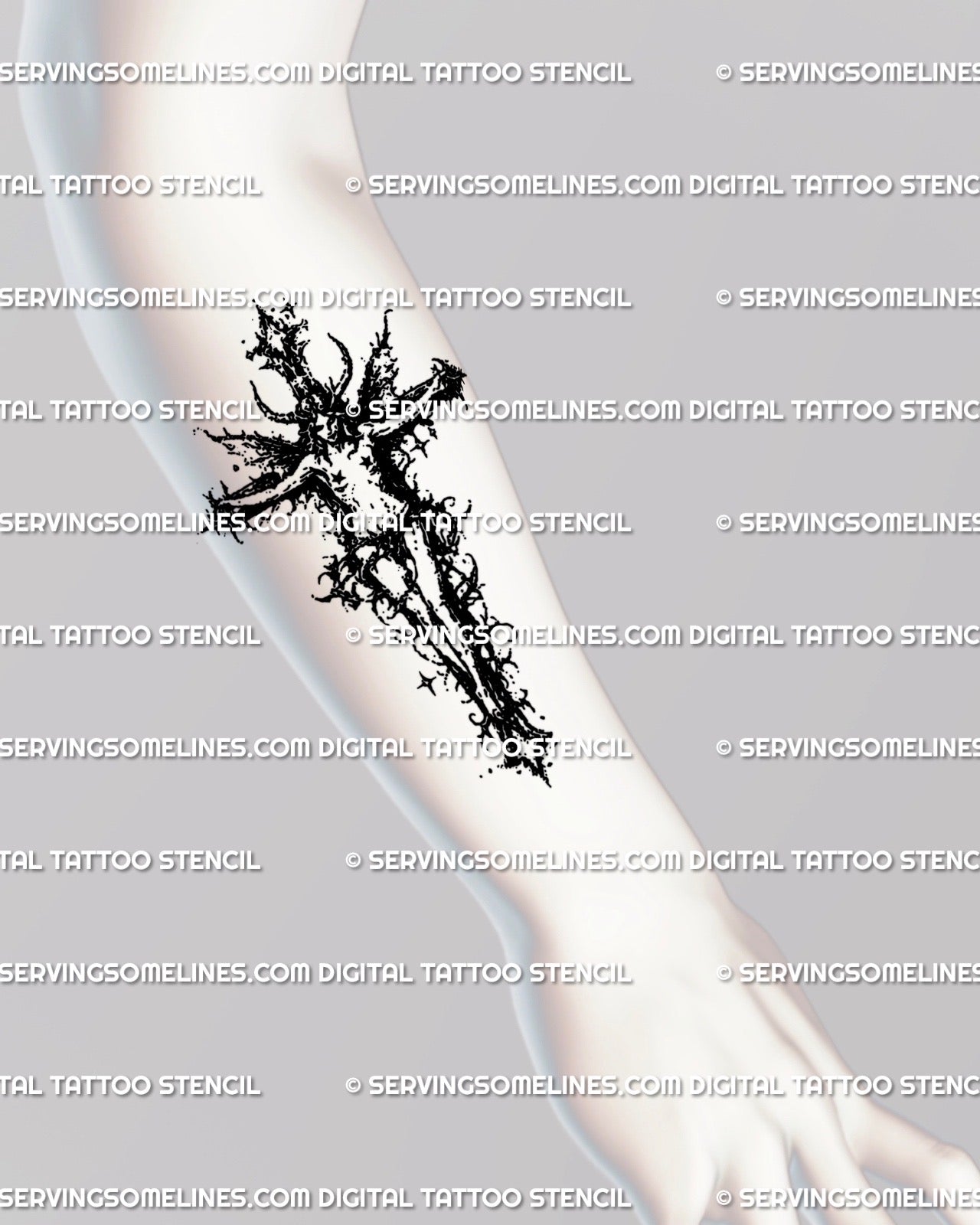 Dark fairy cross tattoo stencil shown on forearm placement, thorned gothic cross linework, clean outline for transfer.