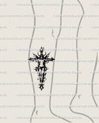 Gothic thorn cross tattoo stencil displayed on lower leg placement example, vertical blackwork crucifix outline.