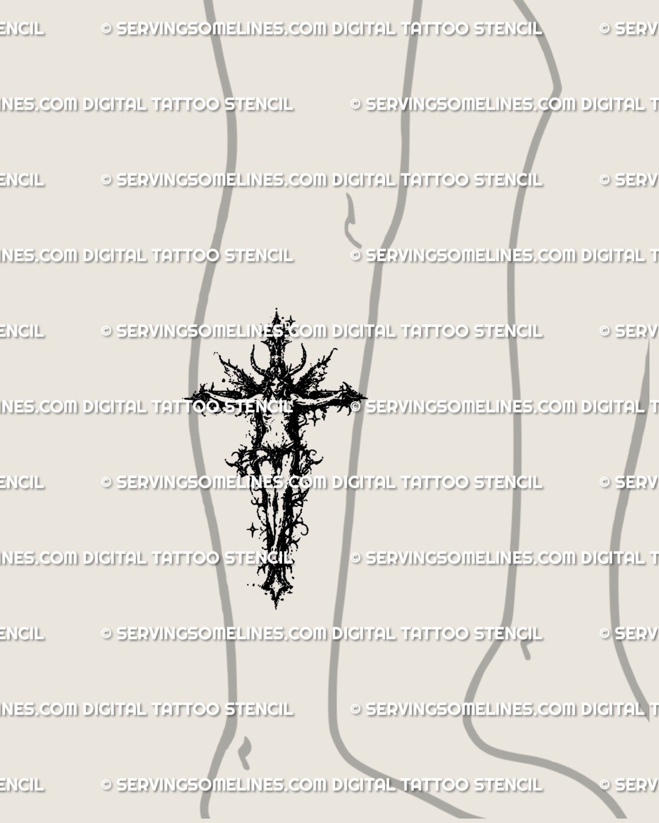 Gothic thorn cross tattoo stencil displayed on lower leg placement example, vertical blackwork crucifix outline.