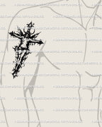 Occult cross tattoo stencil shown on men biceps placement, thorned crucifix silhouette, clean transfer outline.